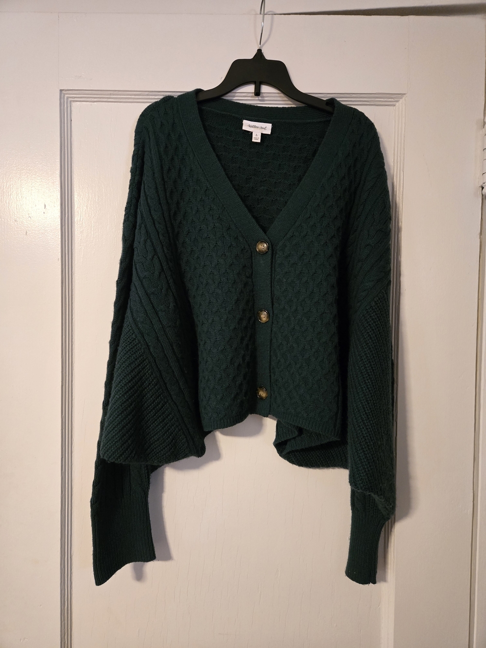 Textured Dark Green V-Neck Button Front Cardigan